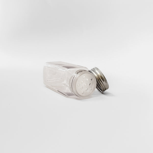 Plastic spice bottle with metal cap – with labels, 11 × 4 cm