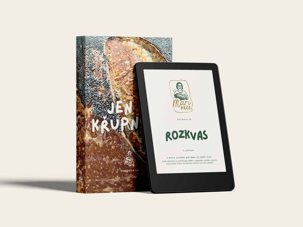 Logo Mari Peče a minimalistická obálka e-booku Krm kvas jako profík – zdarma ke stažení pro milovníky domácího pečení.