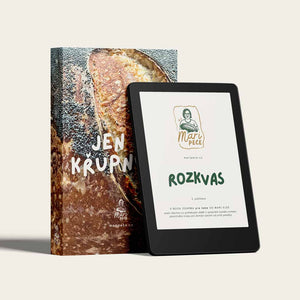 Logo Mari Peče a minimalistická obálka e-booku Krm kvas jako profík – zdarma ke stažení pro milovníky domácího pečení.