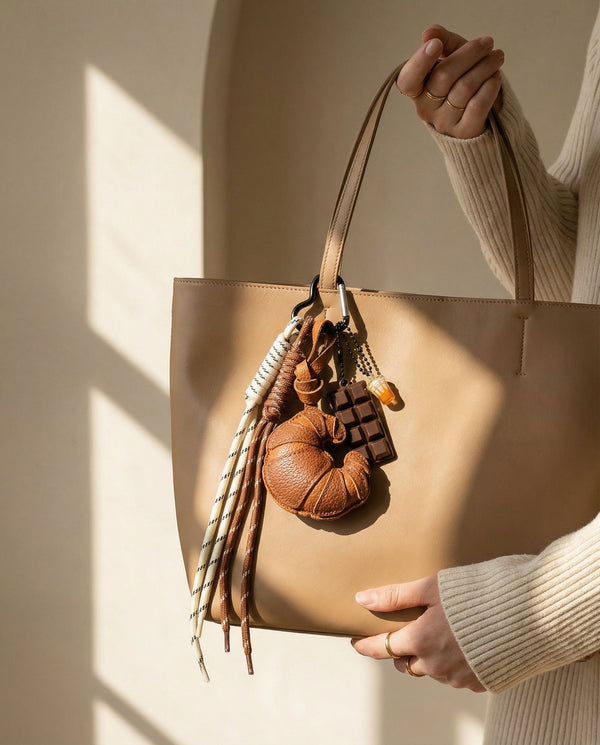 Pohled na klíče od auta na kabelce pro porovnání velikosti.